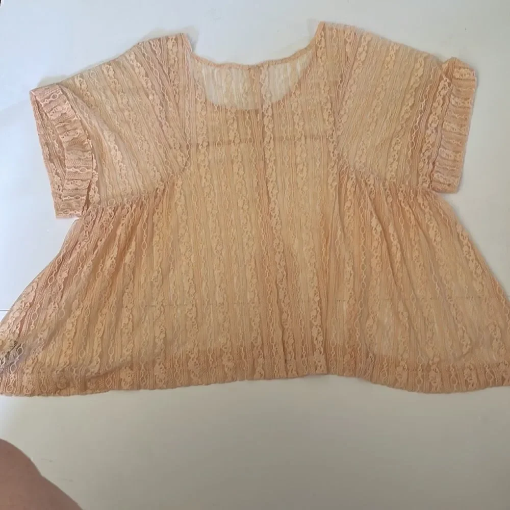 Free People Peach Tea Lace Sheer Oversized Split Back Top